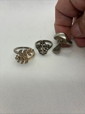 Mixed Metal Leaf, Cross & Mushroom Fashion Ring Set - Gold & Silver Tones